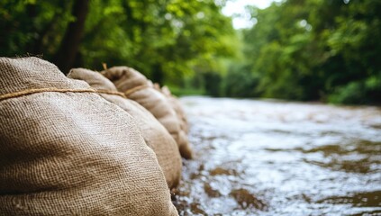 Riverbank erosion protection with burlap bags in forest
