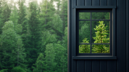 partially open mullioned window reveals lush green forest outside, creating serene and tranquil atmosphere. natural light enhances beauty of trees, inviting sense of peace