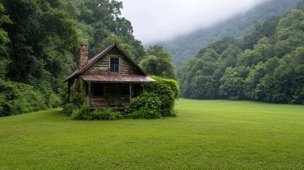 Misty Mountain Cabin in Green Valley; Peaceful rural landscape. Possible use Stock photo