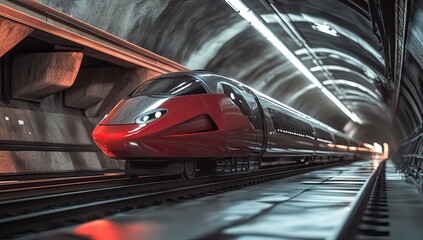 Fototapeta premium Modern train in underground tunnel, moving forward, city transportation