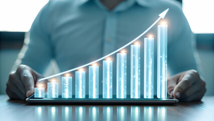 Growth chart depicted by a bar graph rising in a hand with percentages highlighting financial growth in a business context. concept as Scene showing a hand holding a glowing bar graph rising with perc