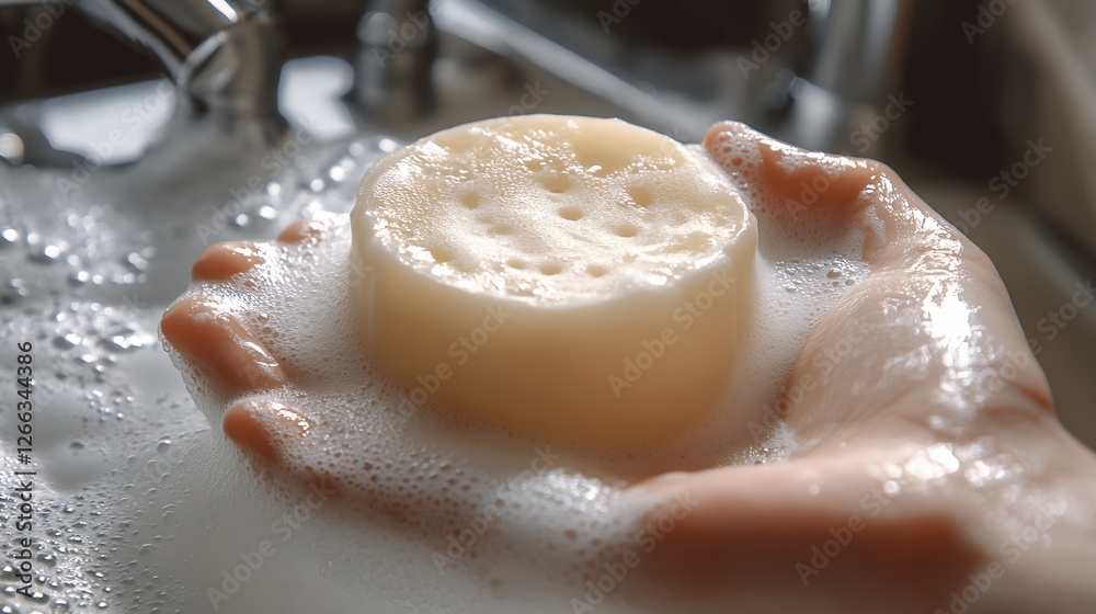 Aufkleber detailed close-up of soap bar in hand surrounded by bubbles and water splashing : generative ai