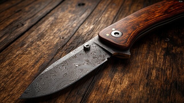 Folding knife on rustic wood, detailed blade