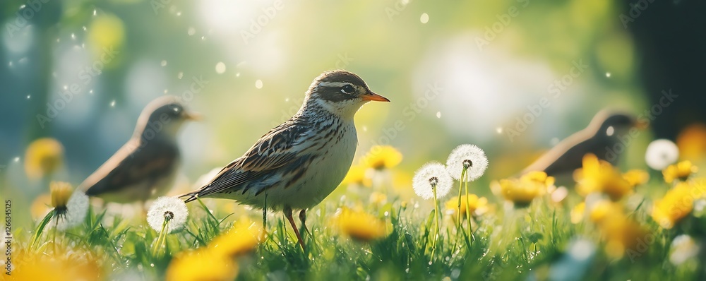 Poster birds basking in sunlight surrounded by blooming dandelions and soft green grass creating a peaceful
