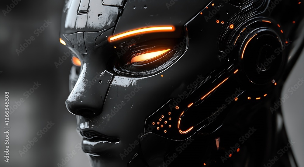 Poster futuristic robot face with glowing features and high gloss finish : generative ai