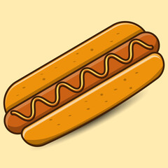 A delicious hot dog illustration with mustard in a retro flat style. Bold outlines, warm colors, and shading add depth. Perfect for fast food, menu design, stickers, or digital artwork