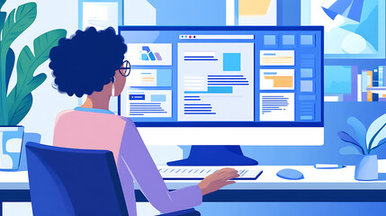 A digital marketer managing an email marketing campaign on a computer with personalized email templates