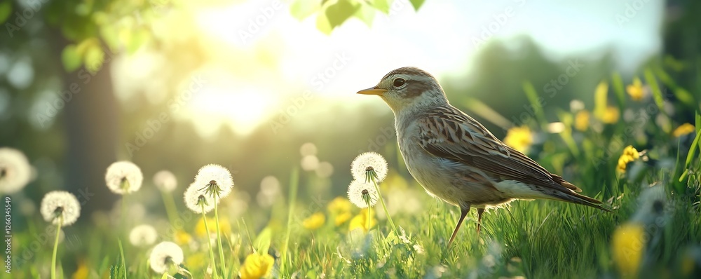 Poster graceful bird poised elegantly in a field of dandelions basking in the warm sunlight : generative ai