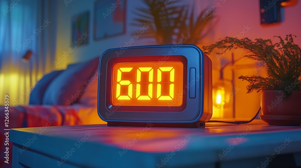 Aufkleber bright and modern digital alarm clock displaying six hundred in a cozy bedroom setting during evenin