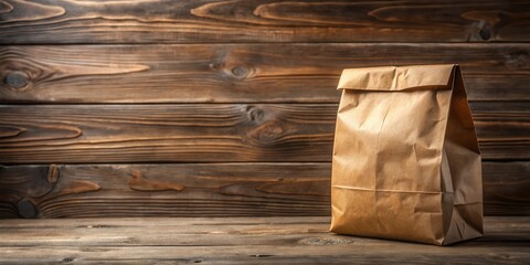 Fototapeta premium A Simple Brown Paper Bag Sits on a Rustic Wooden Table Against a Wooden Background