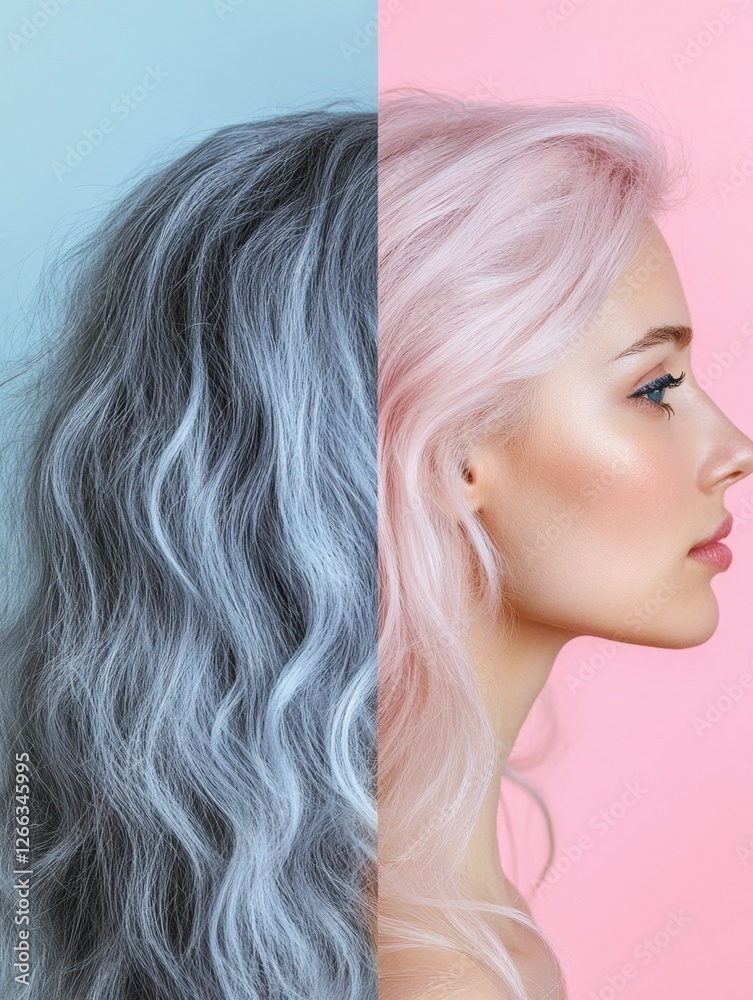 Aufkleber transition from gray hair to vibrant pink color showcasing hair transformation with space for additi
