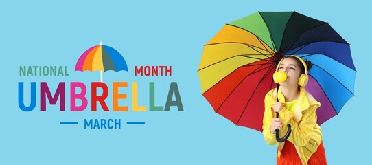 Banner for National Umbrella Month with little girl chewing gum