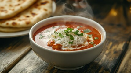 A steaming bowl of rich, spicy curry topped with fresh herbs, served with warm naan bread on a rustic table