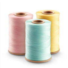 Colorful Thread Spools: An array of pastel-hued thread spools, showcasing a spectrum of soft colors. Perfect for crafts, sewing, or any project requiring a touch of vibrant texture.