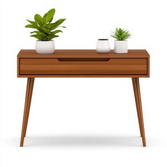 Modern Walnut Console Table with Plants, Generative AI.