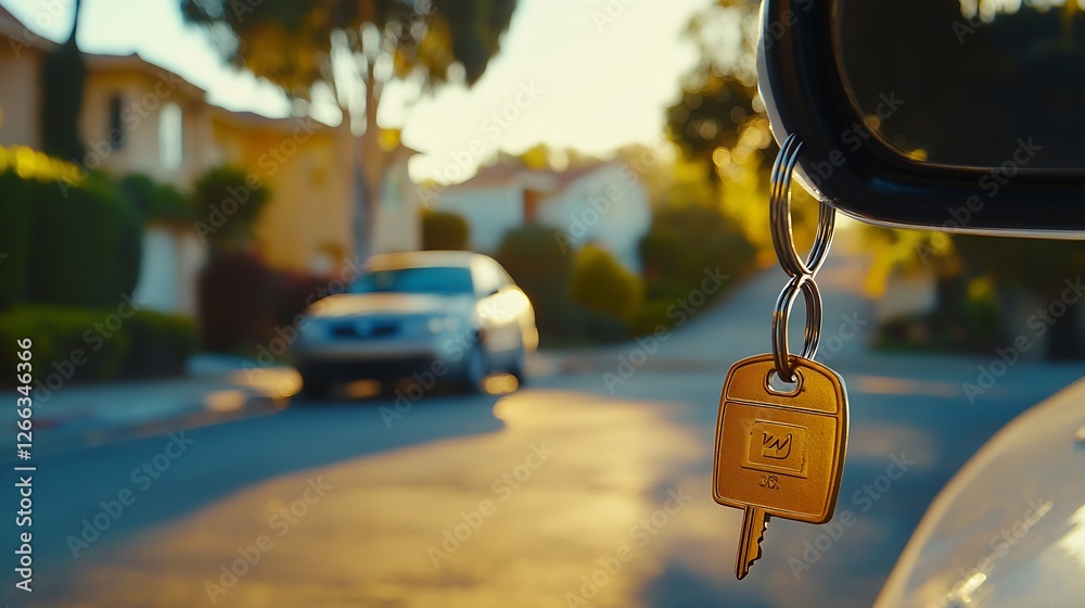 Poster car key dangling from the rearview mirror reflecting a sunny suburban neighborhood creating a lively