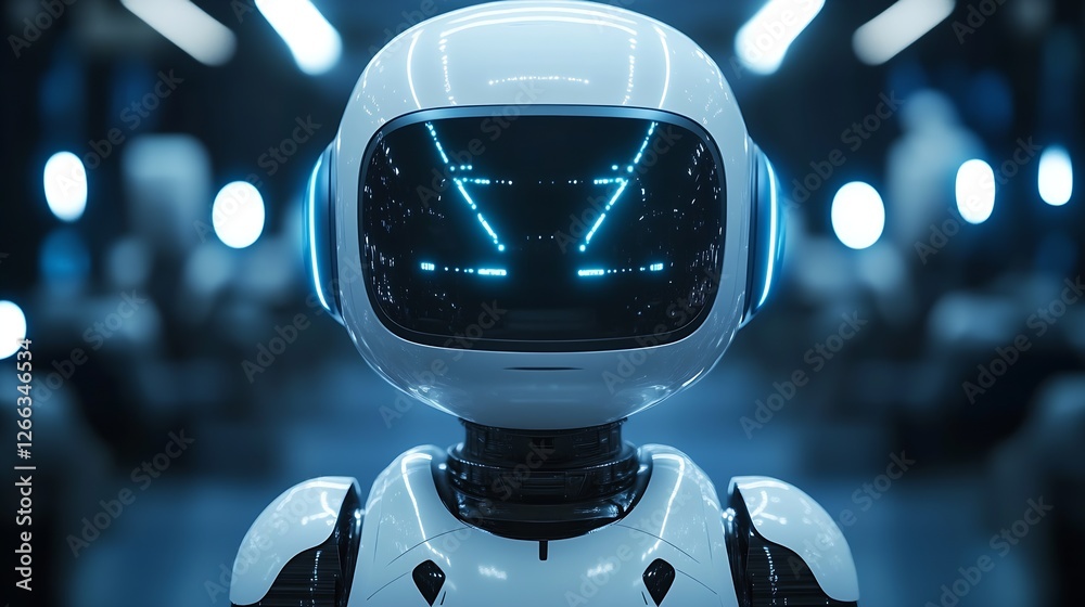 Poster Portrait of an advanced humanoid robot with an engaging animated face and bright futuristic lighting in a factory : Generative AI