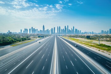 Fototapeta premium Empty highway through Dubai skyline, city view