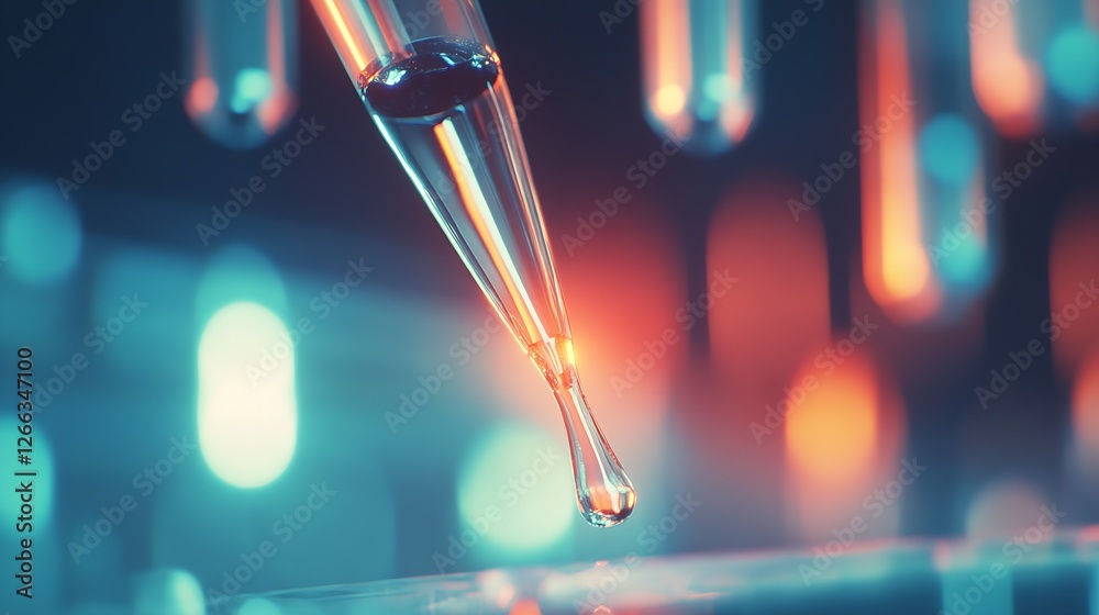 Poster Colorful liquid droplets from a pipette being released into a futuristic lab environment highlighting research tools : Generative AI