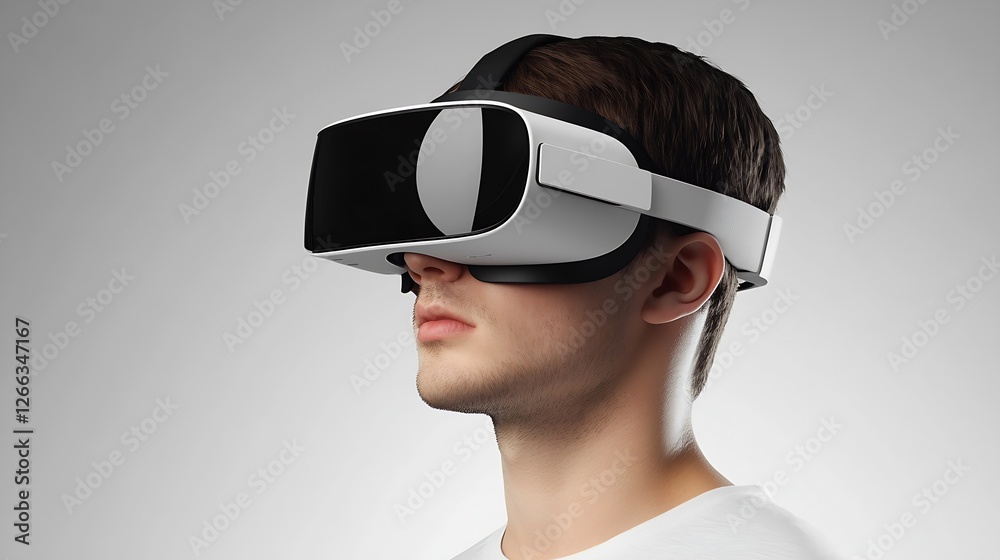 Poster side profile of a man using white virtual reality headset showcasing futuristic gaming technology : 
