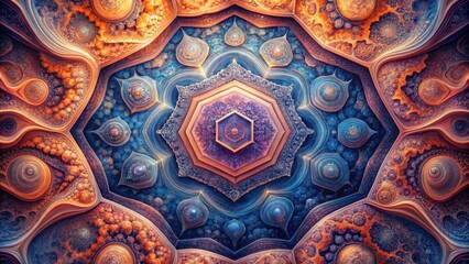 Intricate Symmetrical Design Featuring a Central Hexagon Surrounded by Organic, Swirling Patterns in Warm and Cool Hues