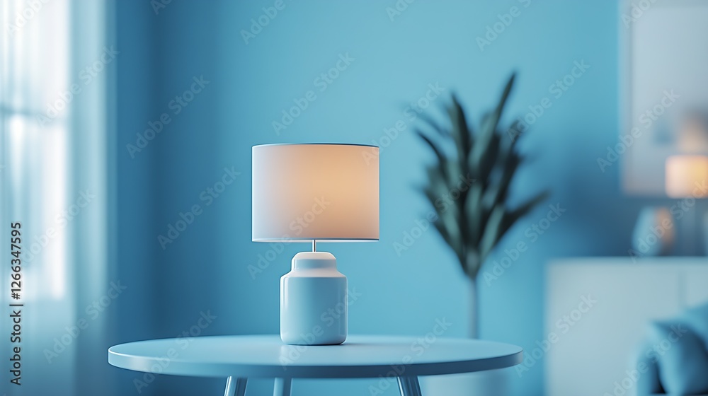 Poster stylish modern lamp on blue table against a backdrop of calming interior design : generative ai