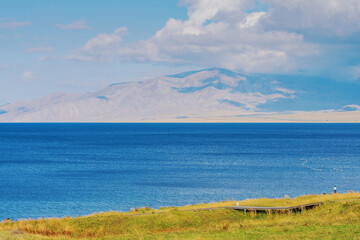 The beautiful scenery of Sayram Lake, coastal mountains, and grasslands in Xinjiang, China on September 4, 2024
