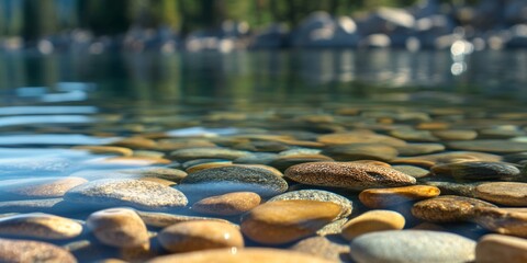 Crystal clear water flowing over river rocks in california forest