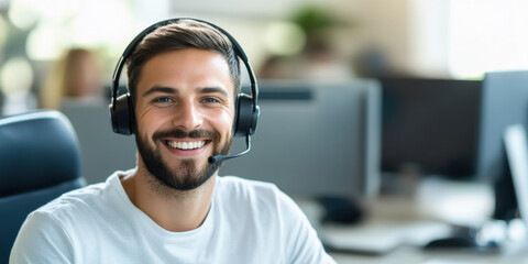 smiling customer service representative wearing headset in office environment, providing assistance and support to clients. His friendly demeanor enhances customer experience