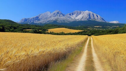 Fototapeta premium Serene Mountain Landscape with Golden Wheat Field and Dirt Road