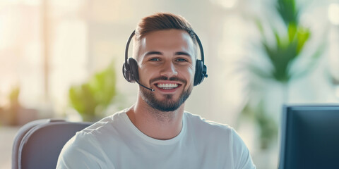 smiling customer service representative wearing headset in bright office environment, showcasing professionalism and approachability