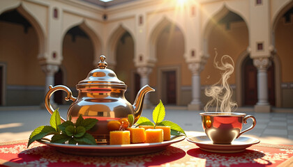 Fototapeta premium Elegant tea set with steaming cup, sweets, and mint leaves on a table in a beautiful courtyard