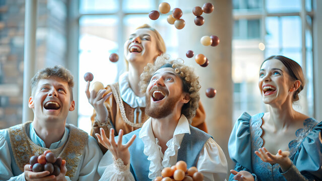 Minstrels of Laughter: A Royal Feast of Juggling Invisible Grapes - Experience the Amusement and Gentle Delight of Smiles and Snorts in This Unique Photo Stock Concept with Empty Space for Your Creati