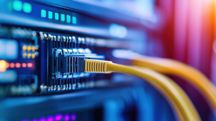 Naklejka premium High quality network cables connected to server, showcasing technology and connectivity. vibrant colors highlight modern infrastructure of data communication