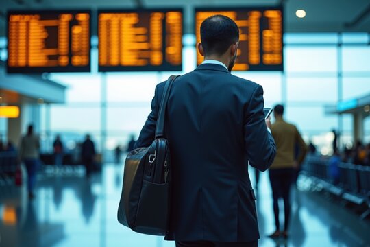 Professional Man in Suit Standing in Airport Terminal Observing Flight Information Displays While Holding a Mobile Phone and Carrying a Leather Bag