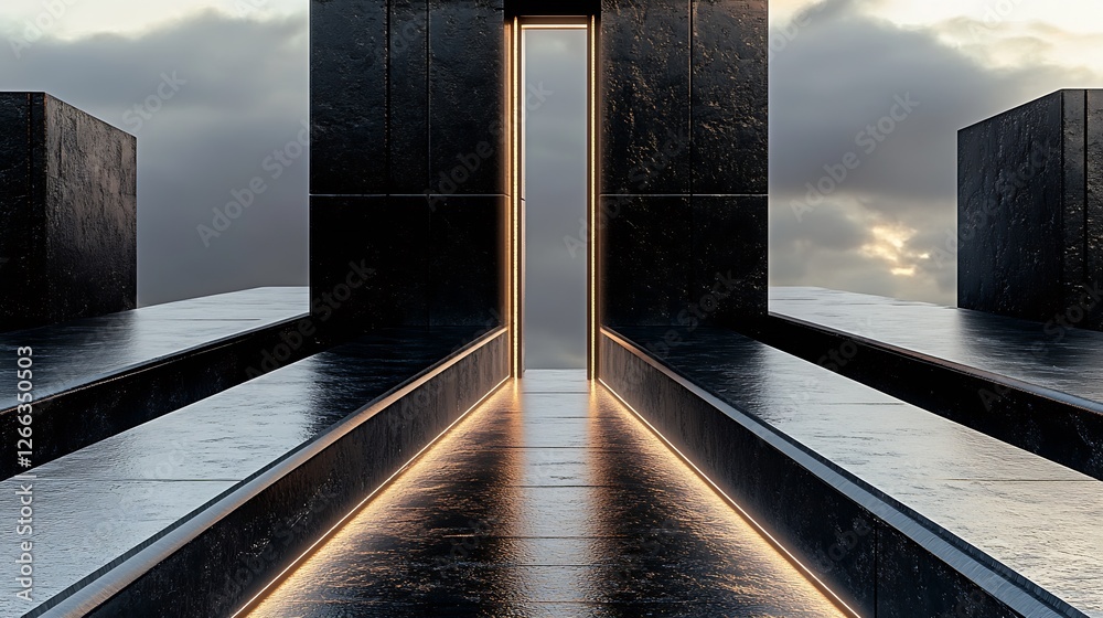 Leinwandbilder Mesmerizing Modern Structures with Illuminated Pathway Leading Through Geometric Design : Generative AI