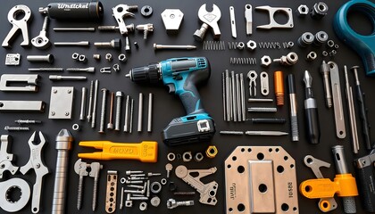 Fototapeta premium Flatlay of Tools Hardware and Cordless Drill on Dark Background Workshop Essentials