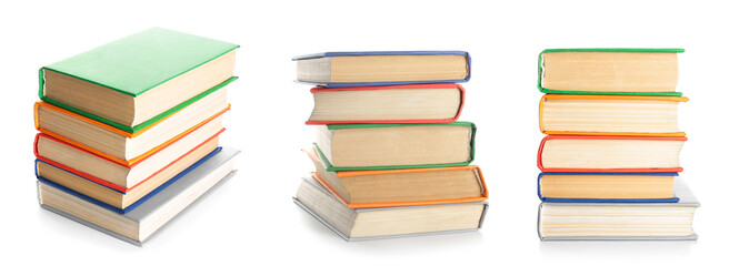 Set of many stacked books on white background