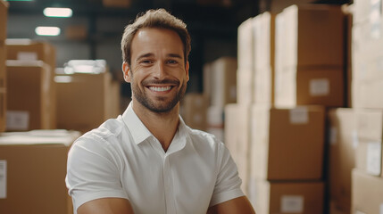 Logistics director smiling warehouse surrounded by boxes, showcasing confidence and