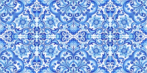 Gordijnen Vector decorative pattern blue and white design with frame or border. Baroque Vector mosaic. Traced watercolo. Capri Majolica © yuliana_s