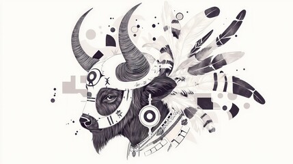 Obraz premium Monochrome Bull Tribal Headgear Feathers Geometric Art Ink Sketch