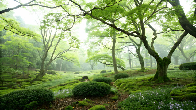 relax forest therapy concept as etheric clearing hosts lush aromas dense greens mild breezes washing psychic debris granting soothing grounded revival in  Photo Stock  Concept  and empty space on the 