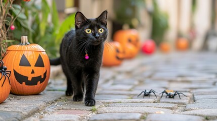 Obraz premium Halloween Black Cat on Cobblestone Path with Pumpkins