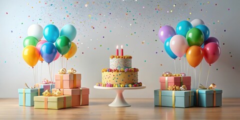 Festive Birthday Scene with Colorful Balloons, Presents, and a Delicious Two-Tiered Cake