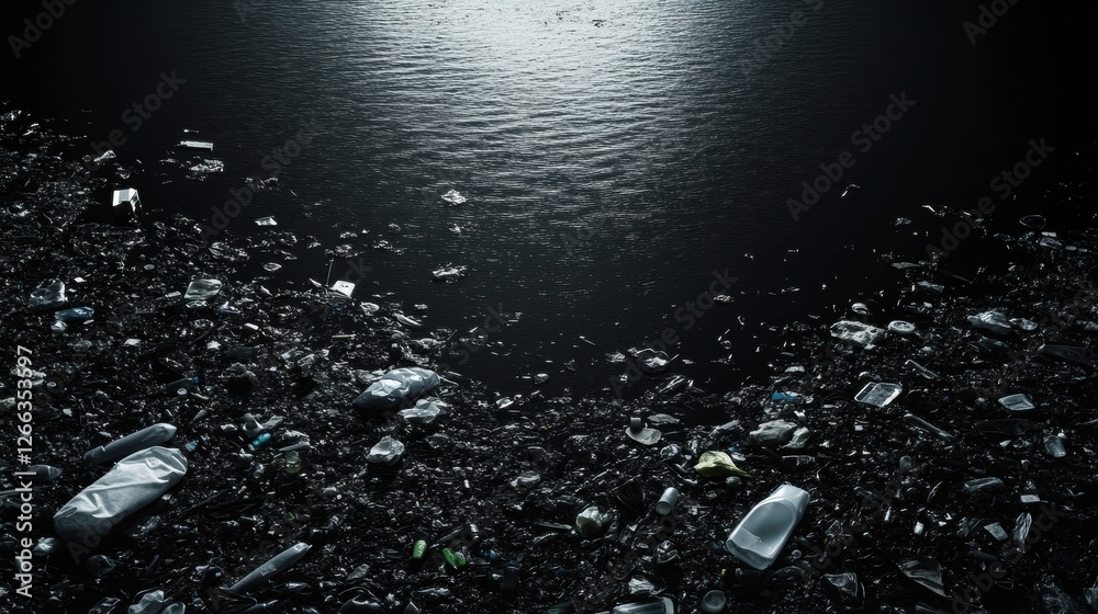 Poster floating plastic waste covers ocean surface with bottles and bags creating environmental concern. ge