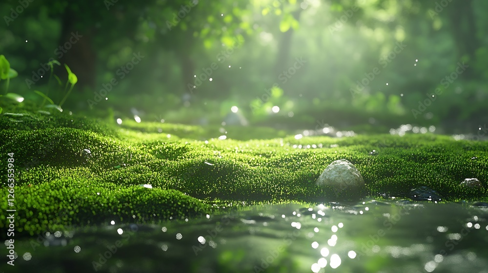 Aufkleber serene forest moss landscape with droplets and sunlight shining through trees : generative ai