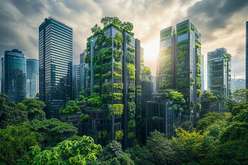 Obraz premium Sustainable Green City with Eco-Friendly Skyscrapers and Urban Forest
