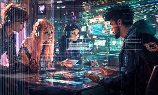 A group of four diverse individuals engaged in a high-tech gaming session in a futuristic environment