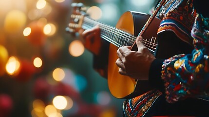 Naklejka premium Close-up of a traditional Mexican guitarist in colorful folkloric attire during a festive celebration