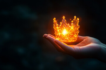 Glowing crystal crown resting on an open hand, symbolizing power, royalty, and elegance against a dark background.